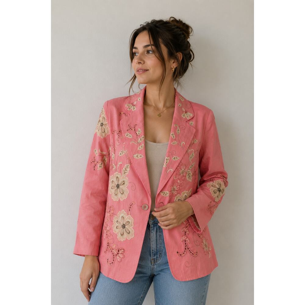 Dressbarn Boho Linen Blazer Womens Small Coastal Grandmother Beaded Jacket